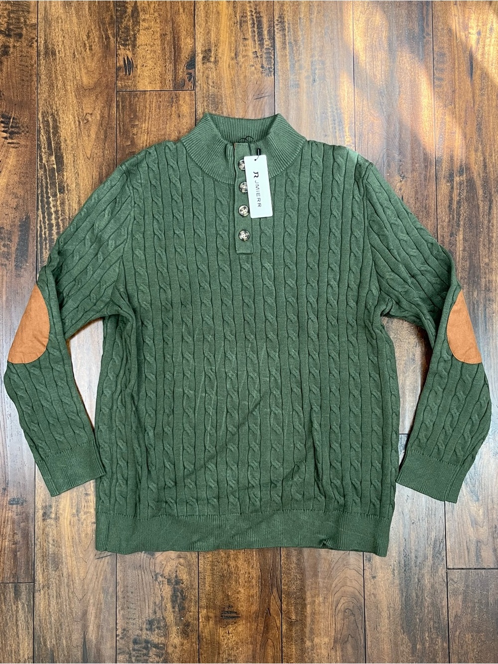 JMIERR Men’s Sweater Cable Knit Green Elbow Patch NEW NWT Size 2XL